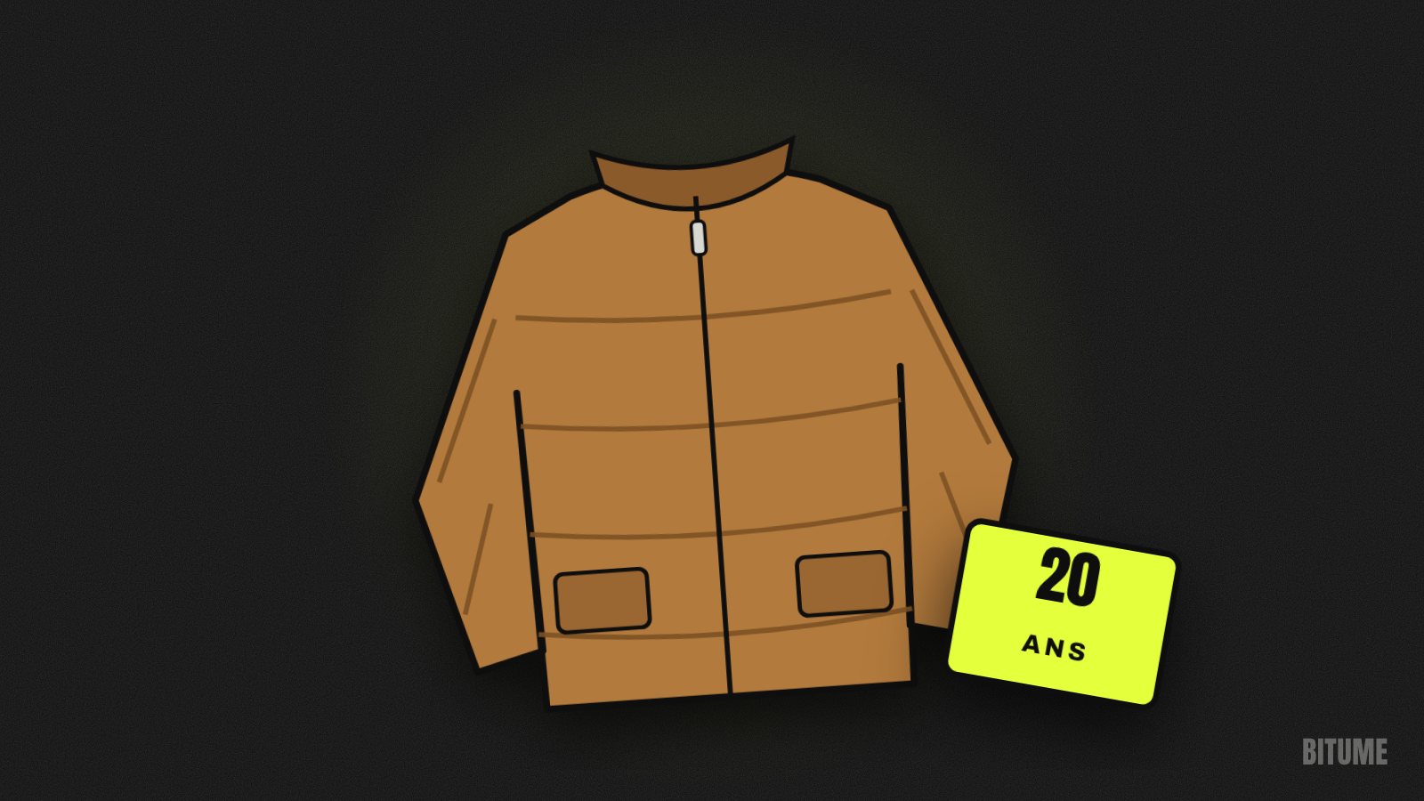 Illustration d'une doudoune en daim et d'une étiquette « 20 ans »