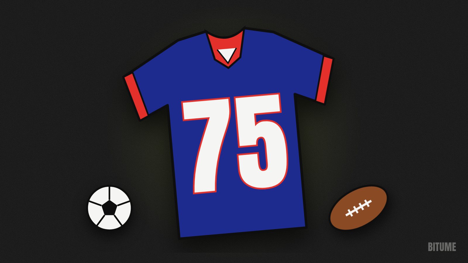 Illustration d'un maillot de football américain floqué 75, avec un ballon rond et un ballon ovale
