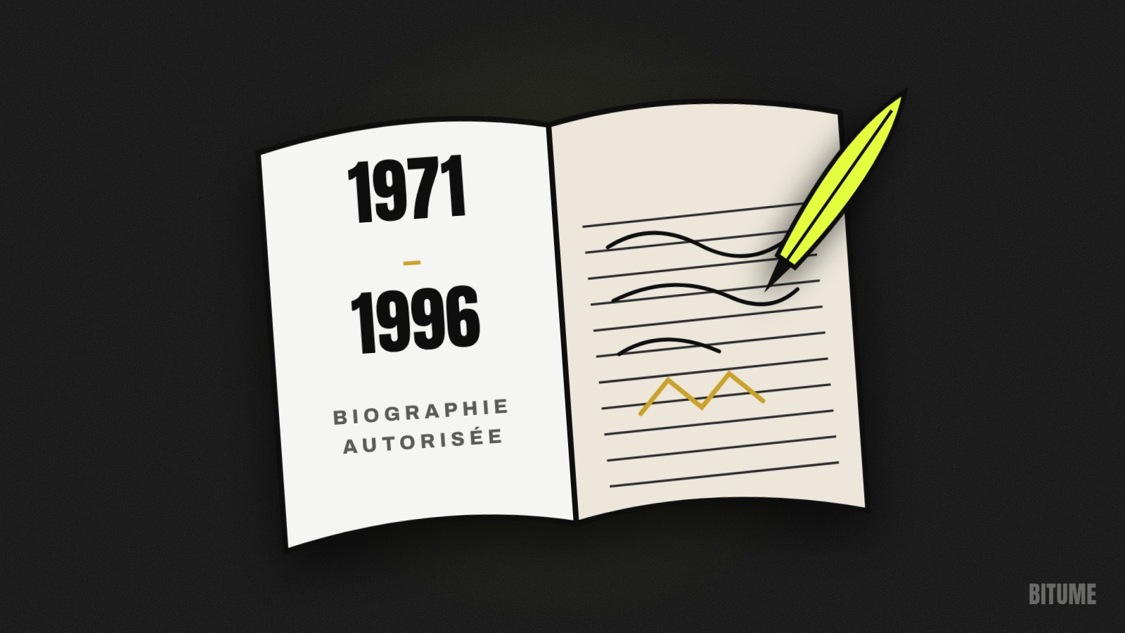 Illustration d'un livre ouvert « 1971-1996, biographie autorisée » et d'une plume
